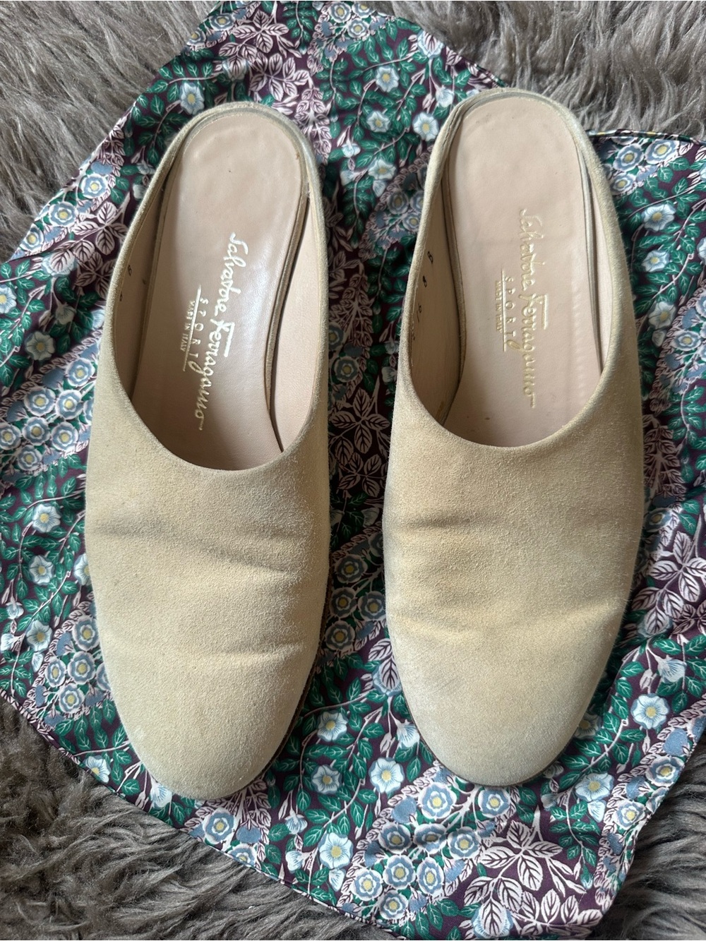 Salvatore Ferragamo Beige Suede Slip-On Mules 8